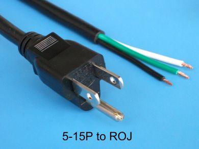 5FT Nema 5-15P to ROJ 2IN Strip 1/4IN Power Cord 18/3 SJTW NA 10A 125V