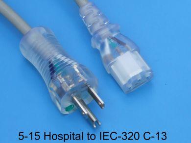 15FT NEMA 5-15PH Clear to IEC-320 C-13Clear Gray Hospital Computer Power Cord 14/3 SJTOW NA 15A 125V