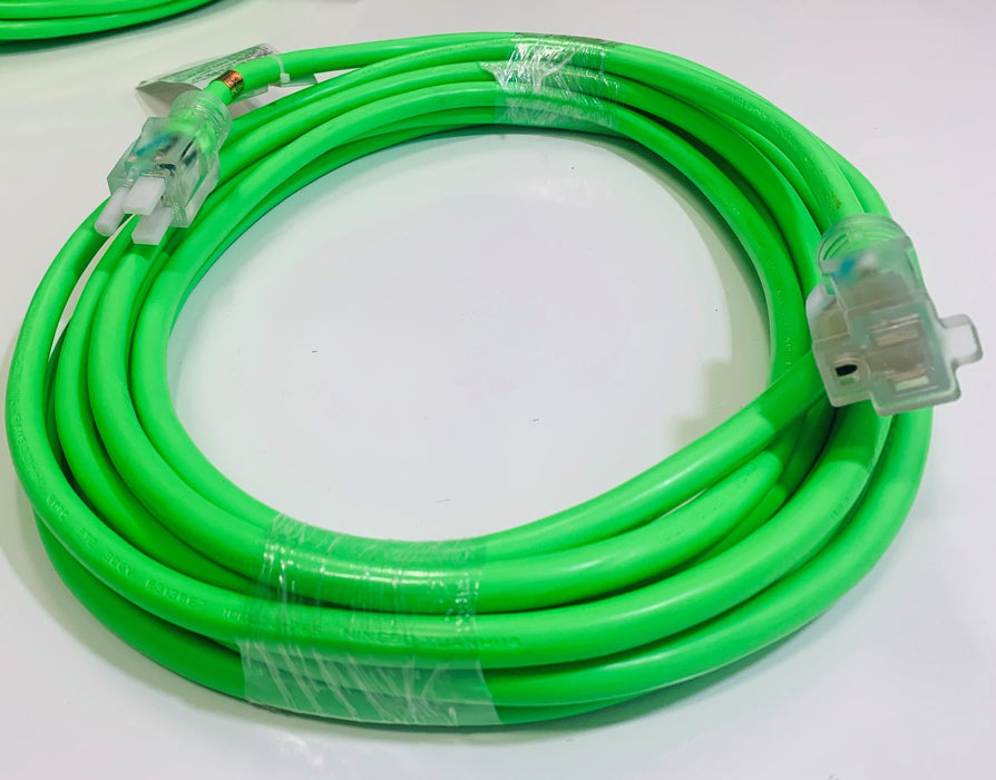 100FT NEMA 5-15P TO NEMA 5-15R NEON GREEN LIGHTED EXTENSION CORD 12/3 SJTW NA 20A 125V